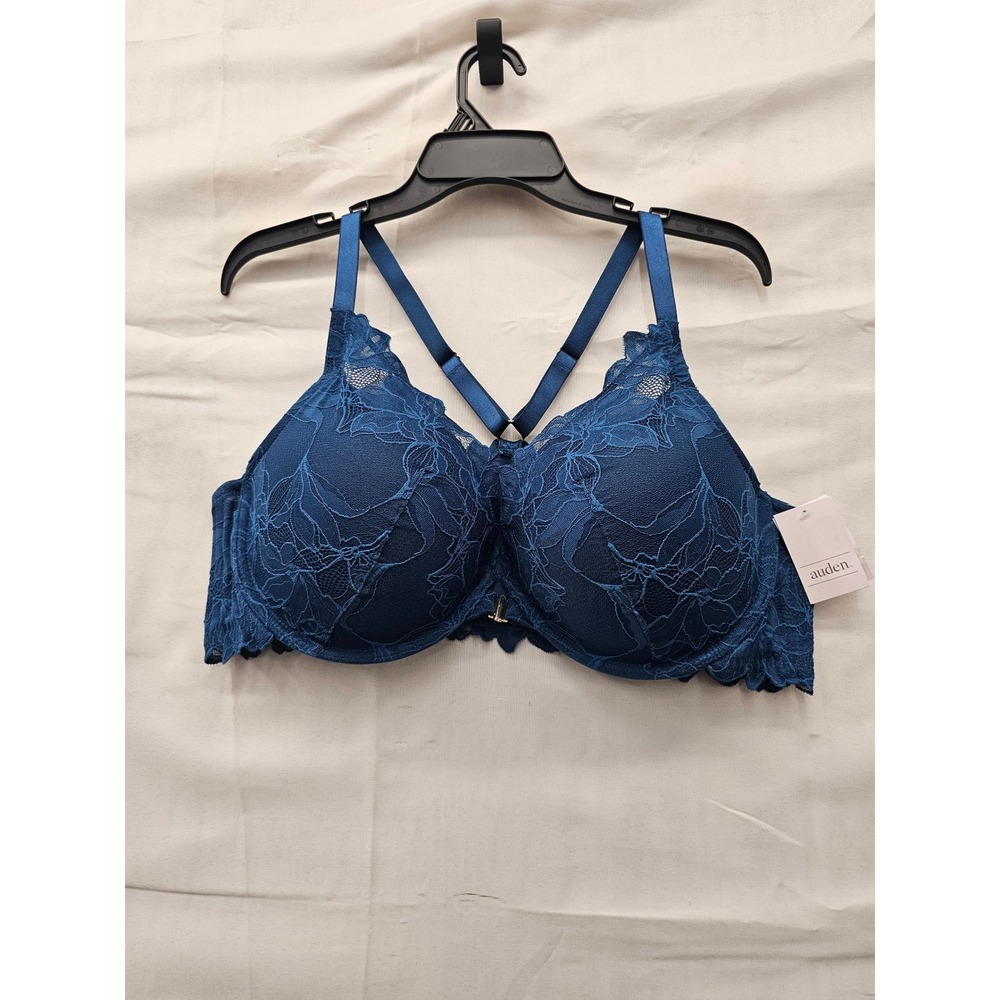 Auden Womens Lace Front Close Push Up Plunge Bra Blue Nylon Blend Size 44C